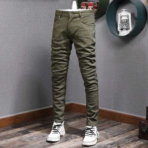 Herr Jeans Street Fashion Mens Jeans Army Green Elastic Slim Fit Splicing Designer Bicycle Hip-Hop Pencil Pants Q240509