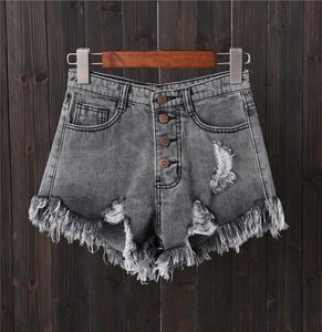denim shorts grå hål rad spänne stor storlek jeans kvinnlig sommar tunn bred benbyxor5694511