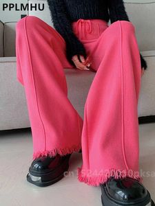 Calças femininas Capris Rose Red Tasels de cintura alta de malha de malha de perna larga Mulheres coreanas novas rendas retas malhas malhas sweatsas de moletom casual pantnes y240509