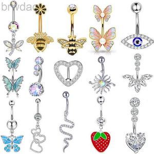 Navel Rings Dainsty Dangled Belly Button Rings Surgical Steel 14G Bar Navel Piercing Ring Crystal CZ Bee Flower Heart Belly Ring Ear Jewelry d240509