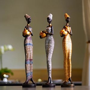 樹脂が塗装された黒い彫像の装飾の図形レトロアフリカの女性陶器のポットを持っているホームベッドルームデスクトップコレクションアイテム240506