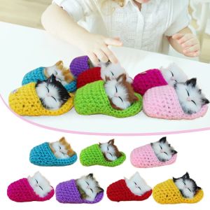 Miniatures Cute Cat Sleeping In Wool Slipper Ornament Vocable Lifelike Kitty Miniature Pets Plush Doll Kids Toys Car Home Decor Gifts