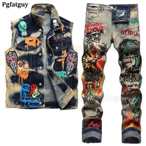 Punk Street Motosiklet Erkek Yelek ve Kotlar 2pcs Setleri Retro Mavi Metal Kaya Rozeti Delek Eşleşen İnce Streç Baskı Pantolonları 240507