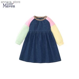 Kız Elbiseleri Küçük Maven 2023 Yeni Yama İş Denim Sıkı Sıkı Uzun Kollu Kot Elbise Pamuk Çocuk Giysileri Pamuk Sonbahar 2-7 YILL2405L2405