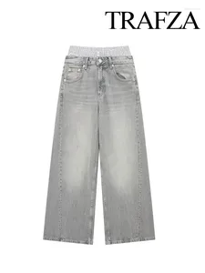 Women's Pants TRAFZA Summer Fashion Cement Gray Jeans Retro Splicing Low Waist Boxer Briefs Street Casual Wide Leg