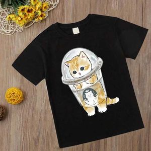 T-shirts barns kaffekopp katt tecknad mjölk te katt rolig t-shirt baby pojke/flicka sommarstopp kortärmad t-shirt barns söta klädsel2405