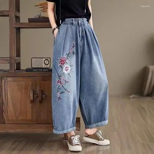 Women's Pants Large Size Summer Jeans Women 2024 Thin Chinese Style Embroidered Loose Denim Wide Leg Blue Trousers K995