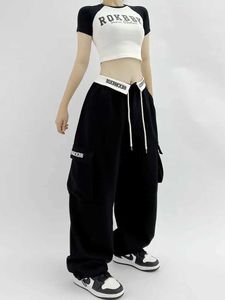 Frauenhose Capris Houzhou Hippie koreanischer Stil schwarze Frachthose Frauen Y2K Gyaru Harajuku Übergroße Baggy Jogginghose Kpop Gray Wide Hosen Freizeit Y240509