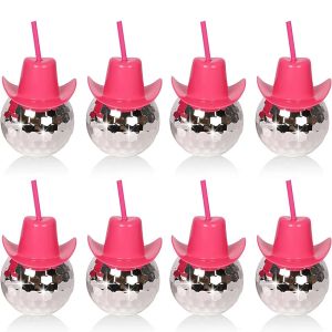 Hats 520pcs Disco Ball Pink Cowgirl Hat Cups mit Strohhalm Cowgirl Cowboy Western Party Lieferungen 70er Party Hochzeits Geburtstagdekoration