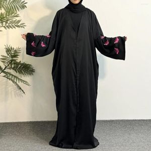 Ethnische Kleidung Schmetterling Stickerei Offen vorne Abaya Langarm Maxi Länge Kleid Muslim Abayas Out Kaftans Frauen Jilbabs Frauen