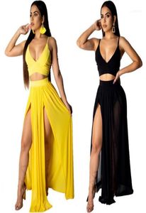 Summer v Neck Crop Top and Maxi Skirt مجموعة عالية الشاطئ شاطئ عرضية 2 قطع للنساء مجموعة السيدات شيفون Maxi Clothes112979013