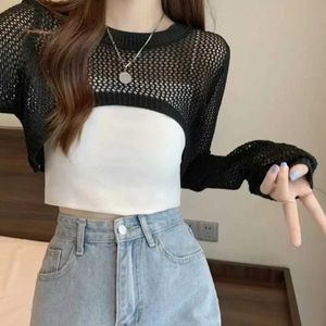 Women's Knits Tees Womens Y2k crochet knitted hollow crop top long sleeved shawl sweater mesh eye mask cardiganL2405