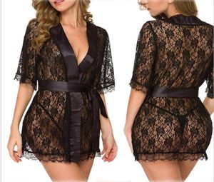 Lingerie erótica sexy Tamanho da PS Langerie Kimono Dress Setin Songence Black Sleepwear Pijamas para mulheres boneca de bebê G String215E4067394