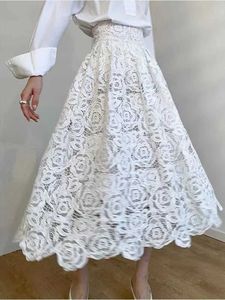 Юбки женское белое платье элегантное кружево высокое поясное приполовое покрытие. Повседневная сладкая праздничная мода Ретро Осень