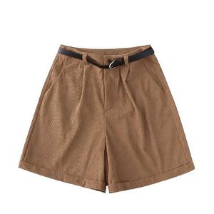 Shorts femininos Bebobsons Summer New High Loose Womens Corduroy Shorts Khaki Terno casual calças médias cortadas shorts pretos y240504