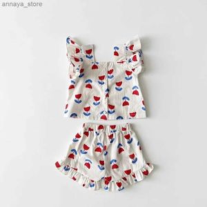 Clothing Sets Baby girl clothing set childrens sleeveless shirt+shorts 2-piece set floral clothing 2024 childrens clothing Korean styleL2405L24045