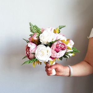 Rustikale Hochzeitssträuße für Braut weißer Champagner Künstliche Rosen Blumen Brauthaltbouquet für Hochzeitsdekoration