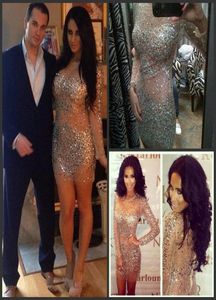 2018 Kim Kardashian Elbiseler Çıplak Kristaller Kokteyl Elbise Uzun Kollu Boy Boyun Bling Şampanya Rhinestones Kılı