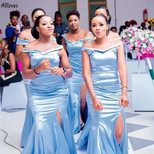 Light Sky Blue Satin Bridesmaid Dresses Long Mermaid Off Shoulder V Neckline Maid Of Honor Gowns Sexy Side Split African Women Wedding Guest Prom Dress Robes CL3550