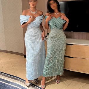 Sharon sa Elegant Off Shoulder Sage Green Dubai Evening Dresses for Women Wedding Luxury Tassel Arabic Formal Party Gown SS447 240509