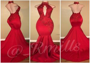 2019 Halter Backless Long Prom Dress Mermaid Appliques Lace Formal Holidays Wear Graduation Evening Party Gown Custom Made Plus SI1749741