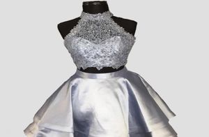 Silver Gray Two Piece Homecoming Dresses High Neck Sleeveless Lace Satin Backless Royal Blue Light Sky Blue Red Short Party Dresse2306191