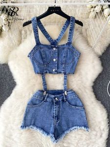 Zweiteiliger Kleid Singreiny Fashion Sexy Denim Anzüge Button Backless Mini Tanktops+Träger Super Shorts Frauen Hotswt Strtwear Zwei Stücke y240508