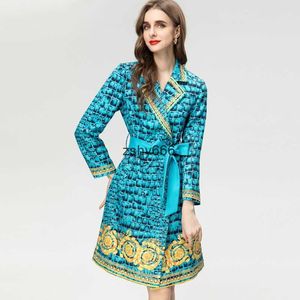 Fashionable lapel blue print long sleeved tie up waist jacket top for womens new early spring