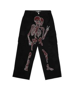 Men's Jeans Water Diamond Skull Full Length Gothic Black Pants Womens Clothing Bag Street High Waist Hip Hop Y2k Q240509