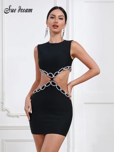 Casual Dresses 2024 Summer Women's Sexy Backless Cut-out Diamond Luxury Black Tight Mini Dress Elegant Evening Club Party