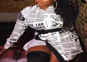 Newspaper printed White Mini Dress Letter Women long sleeve sexy vintage plus size top Female white blouse winter streetwear shirt2306971