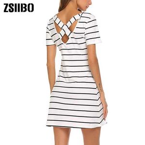 Basic Casual Kleider zweiteilig Kleid Zsiibo 2019 Mode Womens Wear Womens Casual Stripes Chris Cross Short Sleved T-Shirt Mini Dressl2405