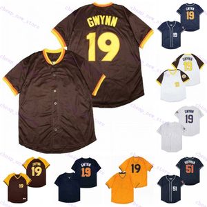 Camisas de beisebol baratas 19 gwynn /51 hoffman vintage retro branco marrom camisa azul escura costurada