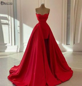 Röda långa kvällsklänningar avtagbara tåg formella klänningar kvinna fest natt älskling satin vestidos de fiesta prom klänning 2112232767453