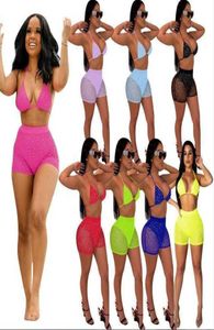 2022 Womens Solid Color Mesh Sequined Shorts Two Piece Dress Set Sexig Beachwear Bikini Baddräkt Sling Kort kjol Suits7439196