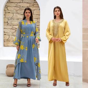 Ethnic Clothing Middle Eastern Women's Mesh Muslim Dress Two-piece Sling-style Dubai Robe V-neck Beaded Long-sleeved