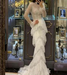 Kobieta sukienka wieczorowa biała koronkowa syrena z wysokiej szyi koraliki Yousef Aljasmi Kendal Jenner Sukienka Kim Kardashian Long Sleeve S4052780