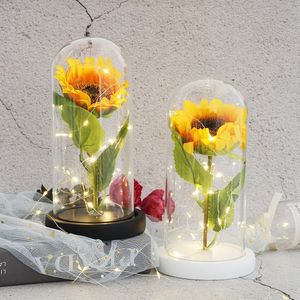 Flor imortal artificial A beleza e besta Gunflower Glass Dome Mothers Day Day Gift para decoração de casamento 240422