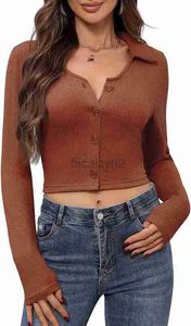 女性用セーター長袖オープンネーブルトップフリップカラーVネックボタンリブ付きスリムフィットTシャツソフトニットトップファッションニットウェア