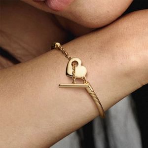 Momentos de cor de ouro Heart T-Bar Snake Chain Bracelets 925 Bracelets de prata esterlina Women Charm Setes para Pandora com Logo Ale Ban 194f