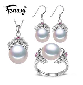 Fenasy 925 Sterling Silver Natural Pearl Ruby Jewelry Sets For Women Vintage Dangle Earrings Bohemian Flower Necklace J1907188075582