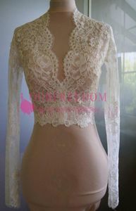 Jaquetas de casamento de renda de renda longa mangas longas vneck renda bridal boleros de renda personalizada bolero acessórios de casamento4104688