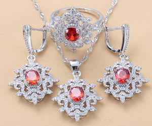 Elegante Frauen Hochzeitskostüm Schmucksets Naturstein Rot Granat Dangle Ohrringe und Halskette Ring Brautes Sets H10228313440