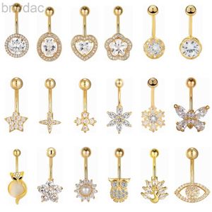 Navel Rings Gold Color Stainless Steel Belly Button Ring CZ Zircon Flower Butterfly Cross Heart 14G 10mm Barbell Navel Piercing Body Jewelry d240509