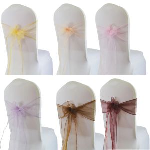 Skrzydła 100pcs organza krzesło Sashes Bow Cover przyjęcie weselne dekoracja krzesło okładka węzeł