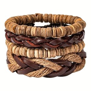 Bracelets de charme com miçangas de couro de madeira feita de madeira 4pcs Conjunto de jóias de jóias Decoração de festas ajustáveis para homens Bangle