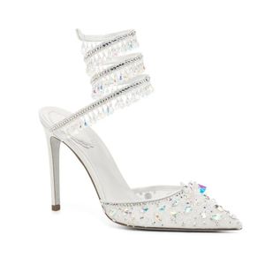 Rene Caovilla New Chandelier Crystal-Embellished Ankle-Wrap Shoes 레이스 포인트 발자국 슬링 백 펌프 여성 고급 디자이너 저녁 Shies 05877을위한 스틸레토 샌들