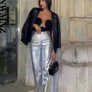 Frauenhose Streetwear Silber PU Frauen hohe Taschen Taschen Straight Hosen Mode 2024 Mädchen glänzende Frau