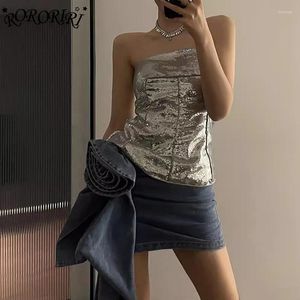 Tank da donna Rororiri Sparkle Sequest Tube Corset Top Women Silver Vintage Y2K Zip-up Off-Shoulder Sleeveless Gret Ruves Music Festival