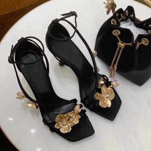 Dress Shoes Golden Orchid French Stiletto Heels Banquet Strappy Open Square Toe Sandals Black Women Sandalias Mujer Verano